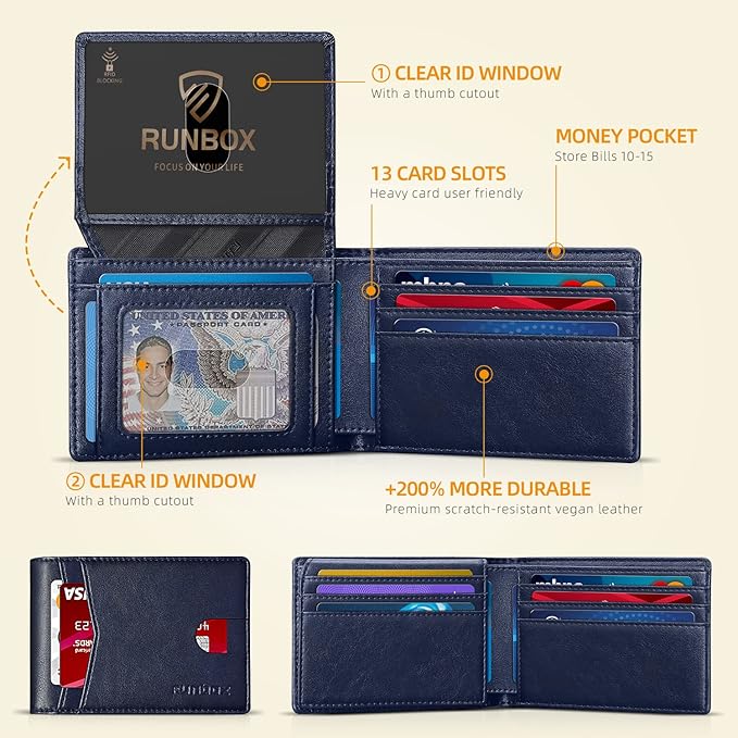 RUNBOX Wallet for Men Slim Rfid Leather 2 ID Window With Gift Box