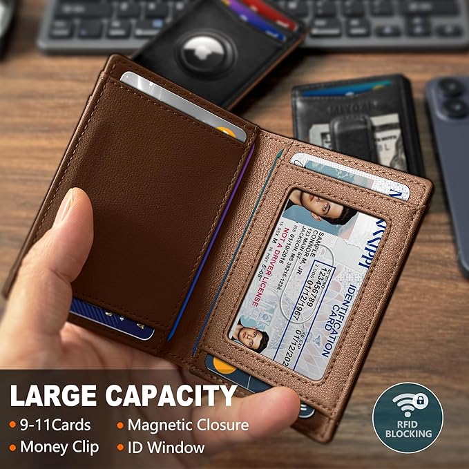 Airtag Wallet for Men- with Money Clip Gift Boxed, Magnetic Closure Slim Genuine Leather Front Pocket Wallet, 4.1"x 2.8", RFID Blocking