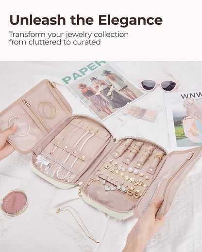 BAGSMART Travel Jewelry Case, Jewelry Organizer for Women Girls, Zipper Rings Holder Storage Pouch for Rolls Necklaces,Stud Earrings,Bracelets, Beige