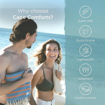 Large Turkish Beach Towel, Striped Denim Blue & Orange - 37'' x 67'' - Super Soft & Lightweight - Quick Dry Sand Free Travel Towels for Beach or Bath - Gifts