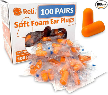 Reli. Foam Ear Plugs (100 Pairs Bulk), Individually Wrapped | 31 dB NRR | Disposable Foam Ear Plugs for Sleeping Noise Cancelling | Blocks Loud Noises for Snoring, Concerts, Travel (Peach)