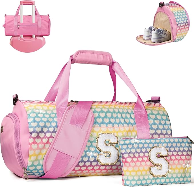 Christmas Gifts for Grandkids, Girls Travel Duffel Bag, Kids Initial Overnight Bags with Shoe Compartment, Personalized Weekender Bag with Makeup Pouch, Gift for 8 Year Old Girl (Letter S)