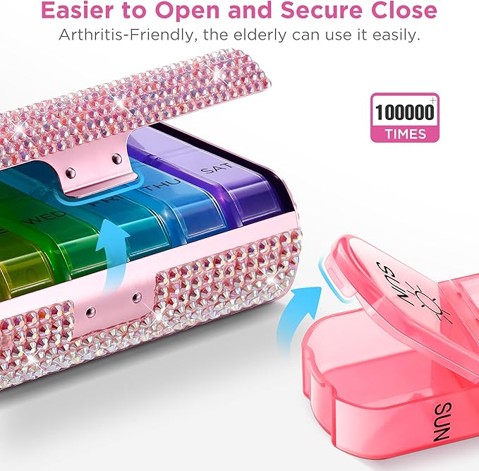 Zannaki Bling Metal XL Weekly Pill Organizer 2 Times a Day, Large Travel Daily Pill Box 7 Day, Portable Week Twice Pill Holder Container, AM PM Pill Case for Medicine Vitamin Medication Supplement
