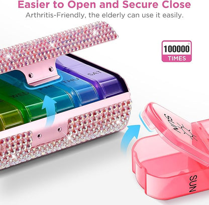 Zannaki Bling Metal XL Weekly Pill Organizer 2 Times a Day, Large Travel Daily Pill Box 7 Day, Portable Week Twice Pill Holder Container, AM PM Pill Case for Medicine Vitamin Medication Supplement