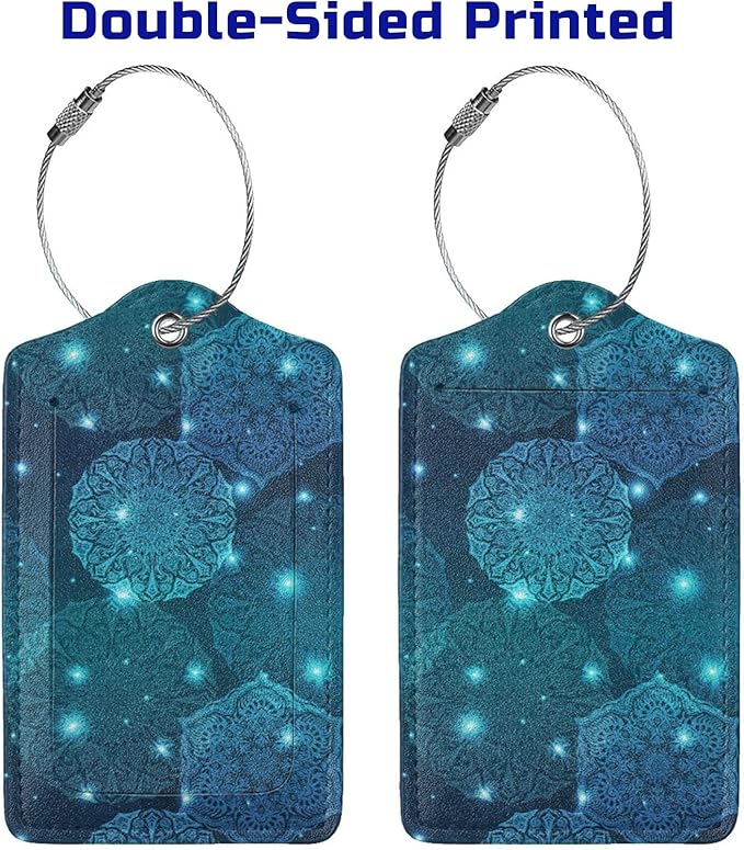 2Pcs Glowing Mandala Themed Luggage Tags for Suitcases, Beautiful Art Teal Blue Name ID Identifier Labels for Baggage Travel Bag, Shine Aesthetic Leather Bag Tags with Full Privacy Cover