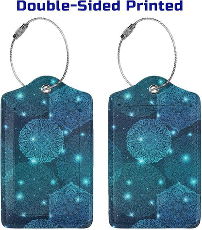 2Pcs Glowing Mandala Themed Luggage Tags for Suitcases, Beautiful Art Teal Blue Name ID Identifier Labels for Baggage Travel Bag, Shine Aesthetic Leather Bag Tags with Full Privacy Cover