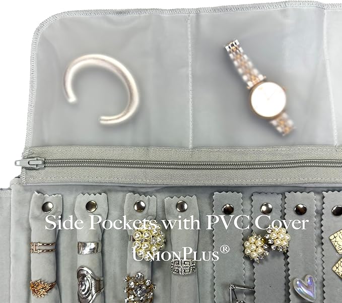 UnionPlus Velvet Travel Jewelry Case Roll Bag Organizer for Necklace Bracelet Earrings Ring, 6 PVC Pockets, Black+ Grey Upgrade Version