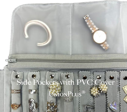 UnionPlus Velvet Travel Jewelry Case Roll Bag Organizer for Necklace Bracelet Earrings Ring, 6 PVC Pockets, Black+ Grey Upgrade Version