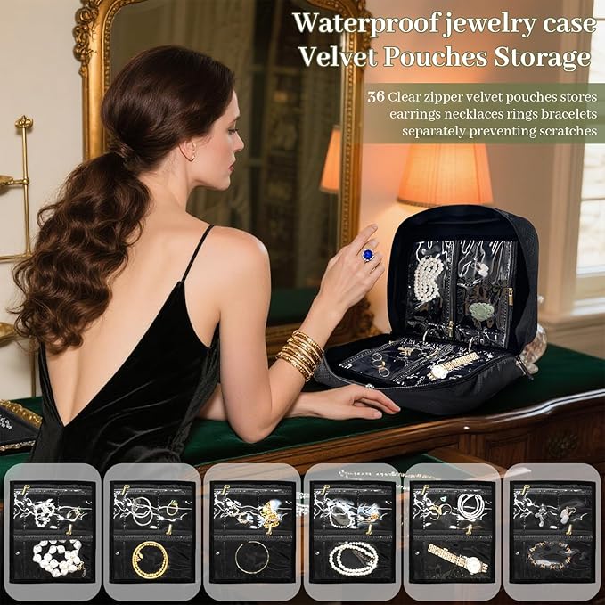 Dexmary Travel Jewelry Organizer and Storage Case for Women, Travel Jewelry Storage with 36 Velvet Zipper Velvet Pouches, Portable Gift for Earrings Necklaces, Rings, Bracelet, Watch