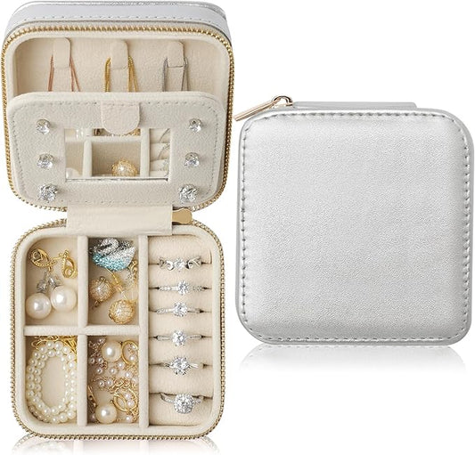 Genuine Leather Travel Jewelry Case Organizer with Mirror for Women, Small Jewelry Box Portable Mini Jewelry Case for Earring, Ring, Necklace, Bracelet(Silver)
