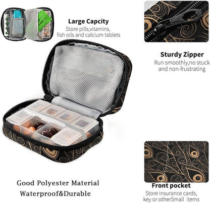 Fustylead Golden Black Peacock Feathers Travel Pill Case Bag with Zipper Weekly Pill Box 8 Compartments 7 Day Personal Pill Case Purse Medicine Case Organizer