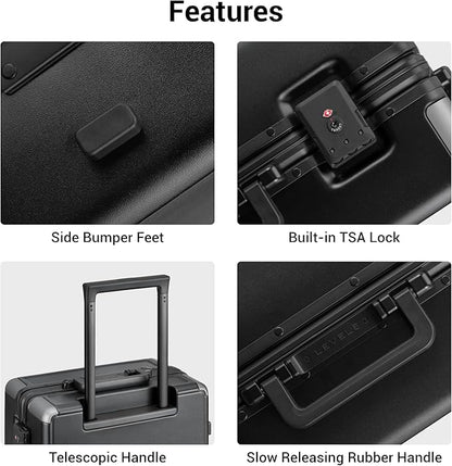 LEVEL8 Zipperless Checked Luggage with Aluminum Frame, Upgraded Medium Hardside Suitcase with Spinner Wheels, Metal Travel Luggage with Double Tsa Locks, 24 Inch, Black