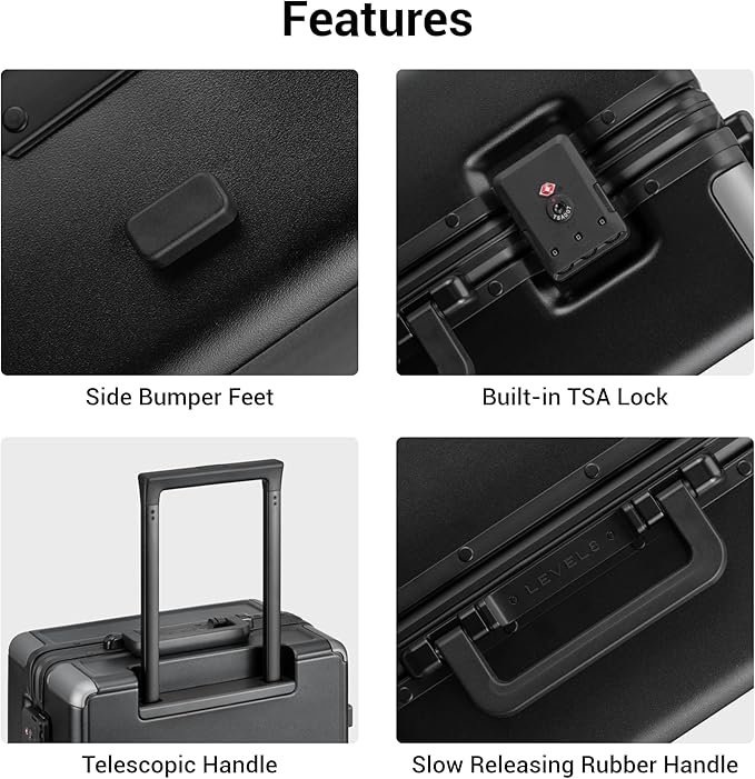 LEVEL8 Zipperless Carry On Suitcase Airline Approved with Aluminum Frame, Hard Shell Luggage with Spinner Wheels, Metal Travel Luggage with Double Tsa Locks, 20 Inch, Black