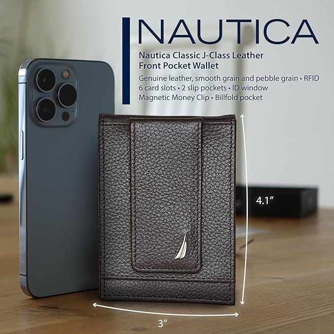 Nautica Men's Slim Wallet | Card Case | RFID Blocking | ID Window | Minimalist | Lightweight | Genuine Leather
