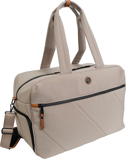 Joan & David 18" Travel Weekender Overnight Gym Duffel Bag, Includes Front Zip Pocket, Interior Zip, Zippered Shoe Pocket, Adjustable Straps with TSA Approved Bottles (Taupe)