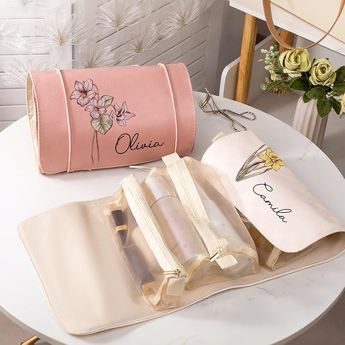 callie Personalized Makeup Bag - Custom Name & Birth Flower, Leather Cosmetic Organizer Make Up Bag, Birthday Christmas Travel Gifts for Women
