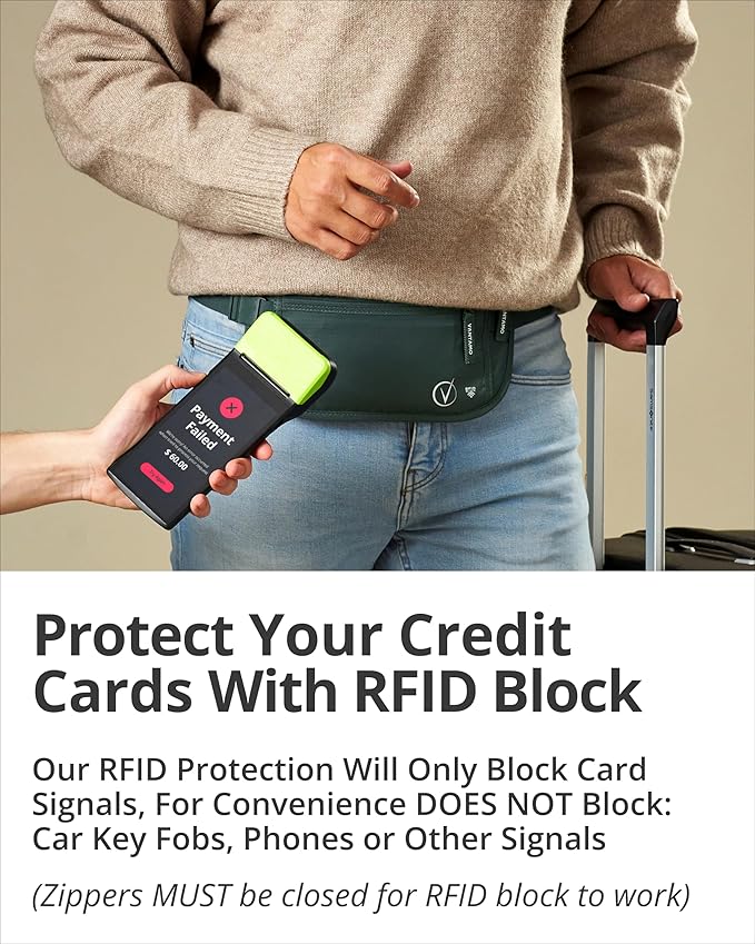 Vantamo Money Belt with RFID For Men & Women, Hidden Passport Holder for Travel, 2 Compartment Travel Fanny Pack for Women Anti Theft