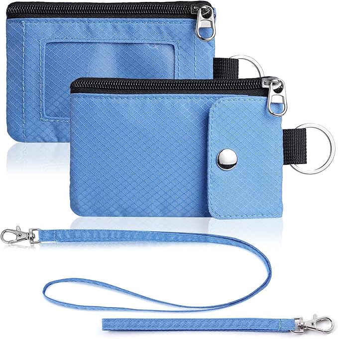 Minimalist Wallet For Mens Womens, Keychain RFID Blocking Zipper Small Wallet with ID Window 2 Lanyards,Water Resistant Travel Cash Card Coin Case Boys Girls