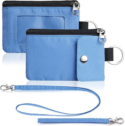 Minimalist Wallet For Mens Womens, Keychain RFID Blocking Zipper Small Wallet with ID Window 2 Lanyards,Water Resistant Travel Cash Card Coin Case Boys Girls