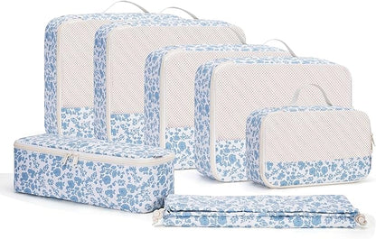 Narwey 7 Set Floral Packing Cubes for Travel Carry on Suitcase Luggage Organizer Bags for Kids Women Men, Durable Packing Organizers Bag, Travel Essentials Accessories (Little Blue Flower)