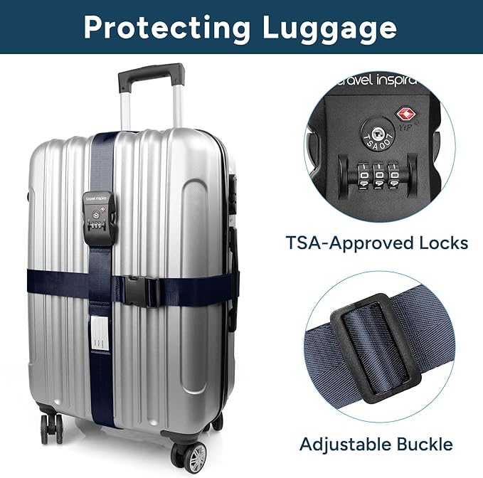 Travel Inspira Luggage Straps - TSA Approved Travel Luggage for Suitcases, Adjustable Suitcase Belt Spot Luggage, Personalized Tags Name ID Card (Navy Blue)