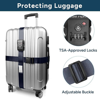 Travel Inspira Luggage Straps - TSA Approved Travel Luggage for Suitcases, Adjustable Suitcase Belt Spot Luggage, Personalized Tags Name ID Card (Navy Blue)