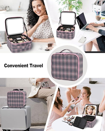 TANTO Makeup Bag With LED Mirror, Travel Makeup Case with Light up Mirror Large Cosmetic Case with 3 Color Lighted Portable Organizer Bag with Adjustable Dividers(Pink/Grey Stripes-Canvas, Small)