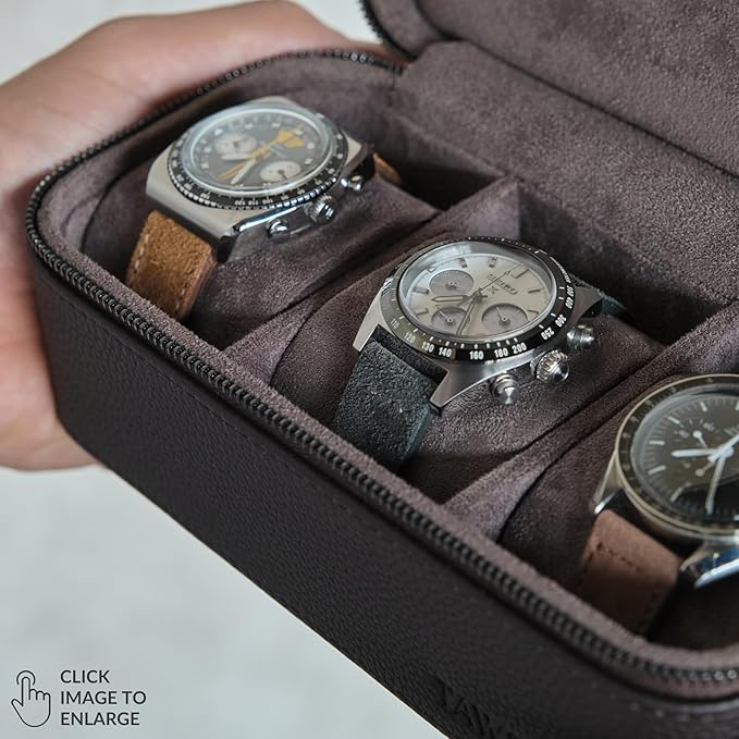 TAWBURY Watch Case - 3 Slot Genuine Top-Grain Leather Watch Travel Case for Men & Women with Metal Zipper and Extra Wide Pillows for Large Watches (Brown)