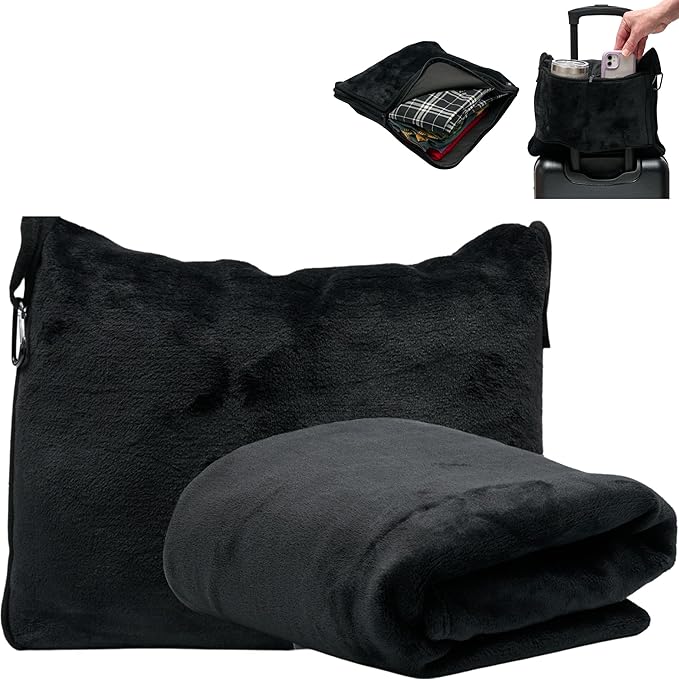 TAKE Off Travel Blanket & Plane Pillow Set – 3-in-1 Compact Blanket with Storage Pouch & Bottle Pocket – Converts to Pillow or Carry Bag – Lightweight Airplane Travel Essentials