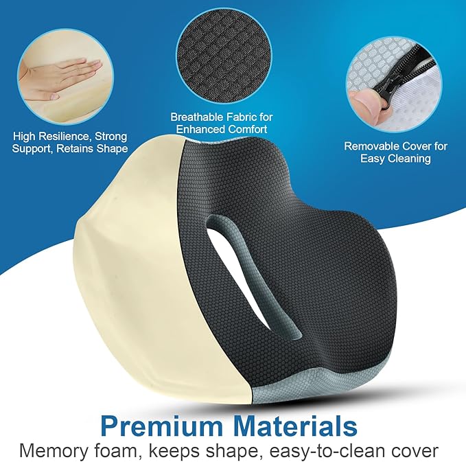 PilloVive Memory Foam Seat Cushion for Office Chairs & Car Seat - Ergonomic Office Desk Seat Cushion- Doctor Recommended for Tailbone & Sciatica Pain Relief & Back Support(Grey/White)