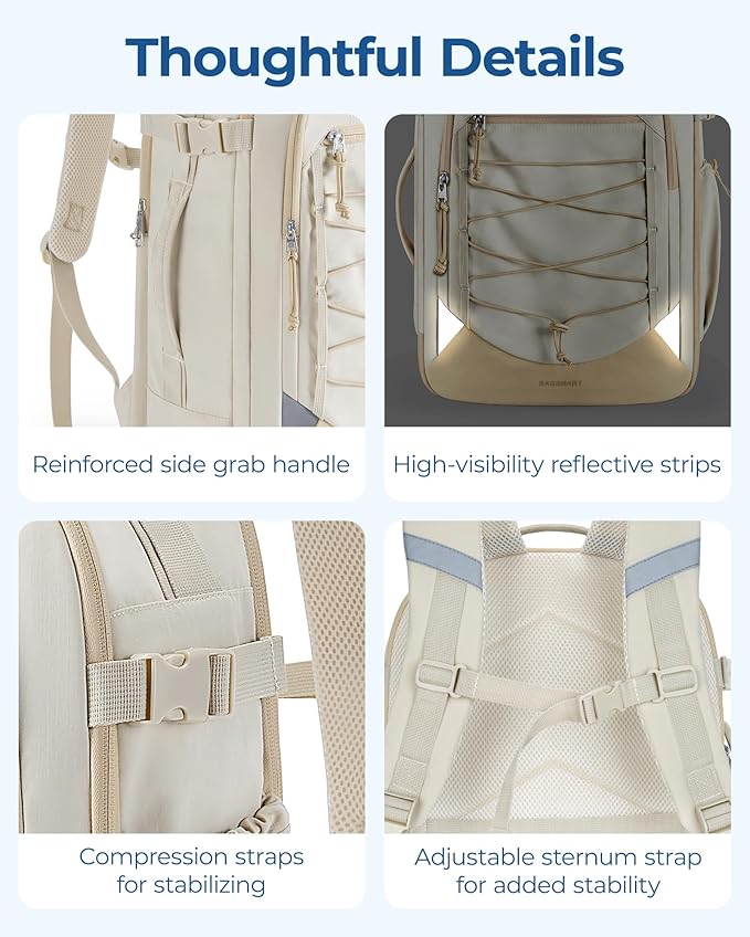 BAGSMART Carry On Travel Backpack, 17 Inch Large Travel backpack Carry On Flight Approved, Anti-theft Personal Item Backpack Travel Bag With Shoe Bag, 30L Water Resistant Casual Daypack, Beige