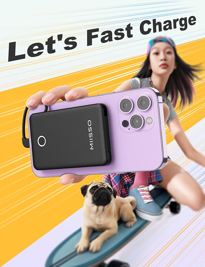 miisso 6000mah Ultra Slim Built in Cables Power Bank, Card Size Built in USB C Cords Battery Pack Portable Charger for Phones, 3 Output External Battery Pack Compatible with iPhone, Deep Black