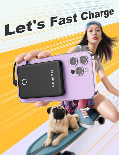 miisso 6000mah Ultra Slim Built in Cables Power Bank, Card Size Built in USB C Cords Battery Pack Portable Charger for Phones, 3 Output External Battery Pack Compatible with iPhone, Deep Black