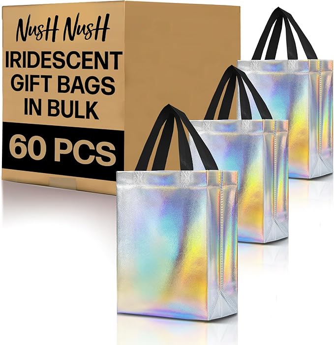 Nush Nush Set of 60 Iridescent Gift Bags in Bulk – Stunning Holographic Silver Bulk Gift Bags with Handles - Ideal Reusable Party Favor Bags for Small Business, Bachelorette Party Favors - 8Wx4Dx10H
