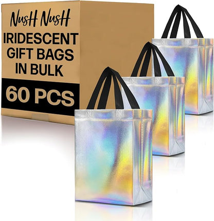 Nush Nush Set of 60 Iridescent Gift Bags in Bulk – Stunning Holographic Silver Bulk Gift Bags with Handles - Ideal Reusable Party Favor Bags for Small Business, Bachelorette Party Favors - 8Wx4Dx10H