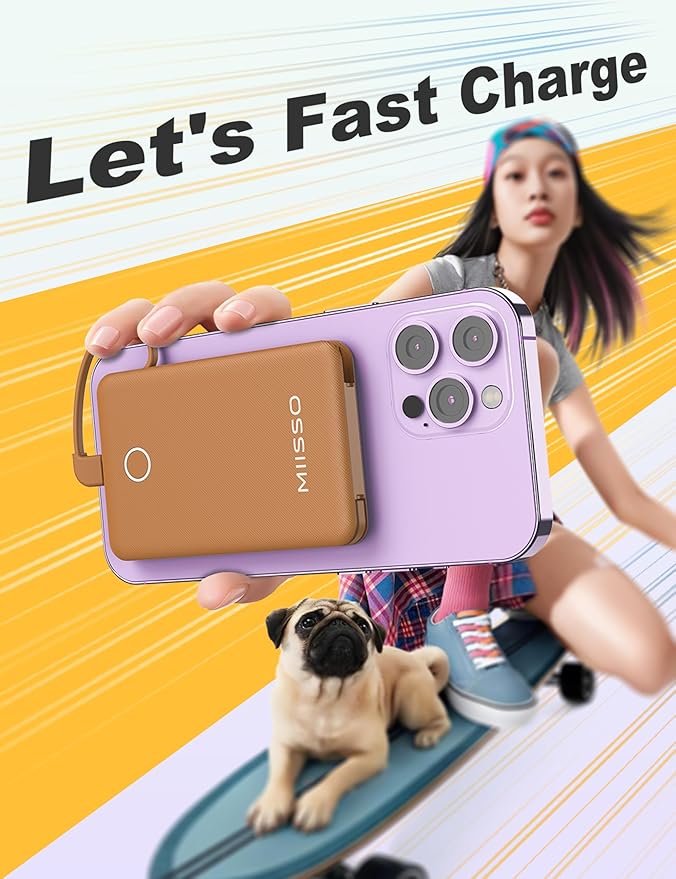 miisso 6000mah Ultra Slim Built in Cables Power Bank, Card Size Built in USB C Cords Battery Pack Portable Charger for Phones, 3 Output External Battery Pack Compatible with iPhone, Brown