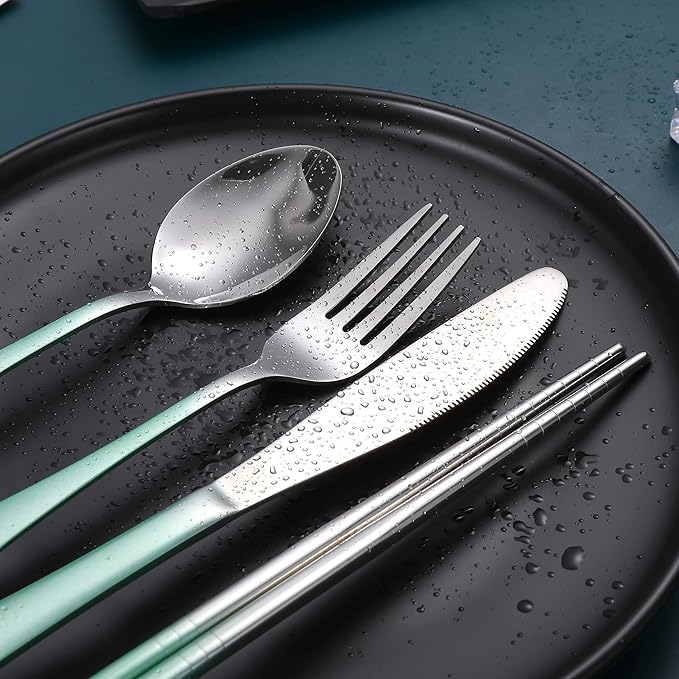 Travel Utensils,Reusable Silverware Set To Go Portable Cutlery Set with a Waterproof Carrying Case for Lunch Boxes Workplace Camping Picnic (GraGreen)