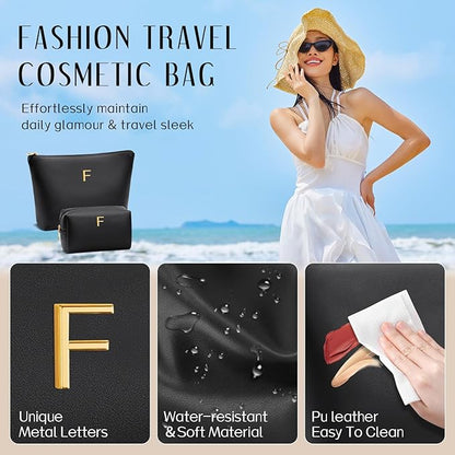 Women Gifts | Initial Makeup Bag Set for Girl Personalized Gifts for Bridesmaid Friend Graduation Teachers PU Leather Cosmetic Travel Toiletry Bag(Black,F)