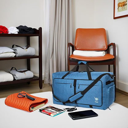 Bago Large Foldable Duffel Bags for Traveling Women & Men - 120L Packable Duffle Bag for Travel with Shoe Compartment - Water Repellant, Heavy Duty, Lightweight Folding & Collapsible (SnowBlue)