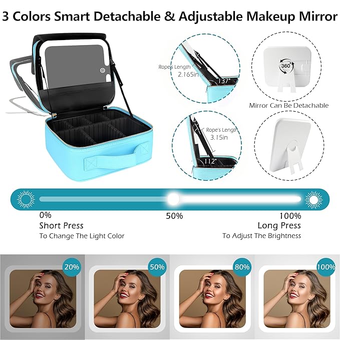 MOMIRA Travel Makeup Bag Cosmetic Bag with Lighted Mirror, Adjustable Brightness in 3 Color Scenarios, Waterproof, 10x Magnifying Mirror, Rotatable Independent Light Mirror- Diamond Blue(Solid)