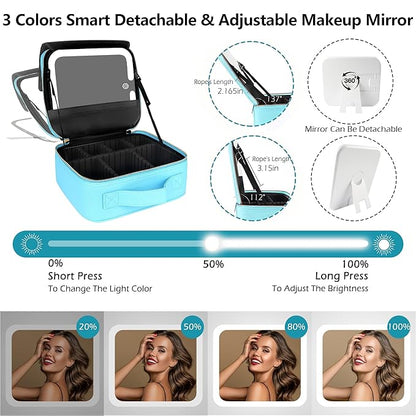 MOMIRA Travel Makeup Bag Cosmetic Bag with Lighted Mirror, Adjustable Brightness in 3 Color Scenarios, Waterproof, 10x Magnifying Mirror, Rotatable Independent Light Mirror- Diamond Blue(Solid)