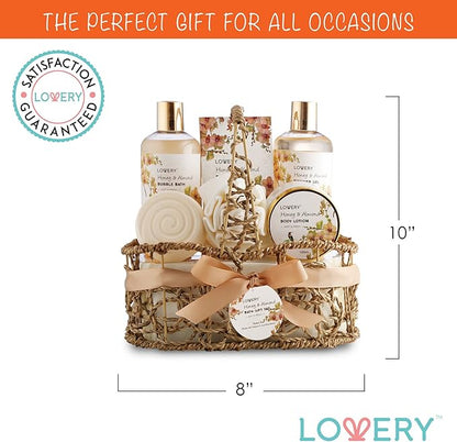 Christmas Gift Baskets for Women Gifts for Women Who Have Everything, Home Spa Honey & Almond Scent, Luxury Bath & Body Set - Shower Gel, Bubble Bath, Body Lotion, Salts, Bath Bomb, Bath Puff.