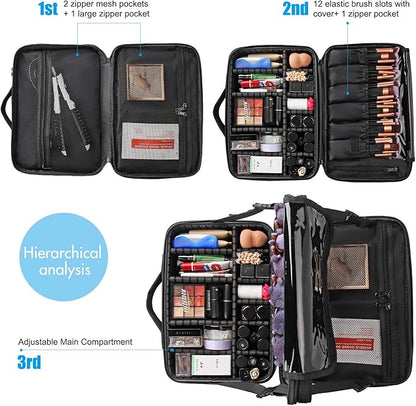 Relavel Makeup Bag Travel Makeup Train Case 13.8 inches Large Cosmetic Case Professional Portable Makeup Brush Holder Organizer and Storage with Adjustable Dividers and Shoulder Strap Black