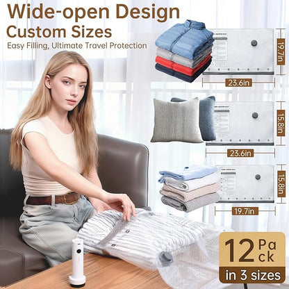 Vacuum Bags for Travel with Wireless Rechargeable Pump, 12 Pack Carry-on Size Compression Packing Seal Bags for Luggage and Suitcase, Space Saver Vacuum Storage Bags for Clothes and Clothing Travel ﻿