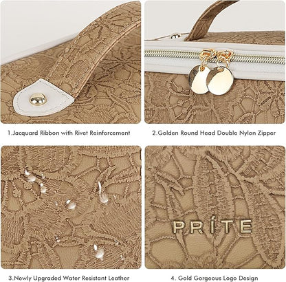 Prite Travel Cosmetic Bag Makeup Organizer Bag For Women Large Capacity Waterproof PU Leather Toiletry Bag with Handle and Clear Divider(Brown Flower)