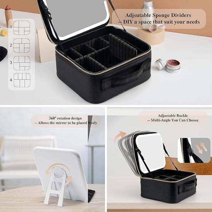 SJD Travel Makeup Bag with LED Mirror, Portable Cosmetic Case Organizer with Lighted Mirror, Waterproof Makeup Case for Cosmetic Brush Holder Storage, Black Toiletry Bag for Women Gift