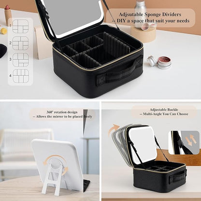 SJD Travel Makeup Bag with LED Mirror, Portable Cosmetic Case Organizer with Lighted Mirror, Waterproof Makeup Case for Cosmetic Brush Holder Storage, Black Toiletry Bag for Women Gift