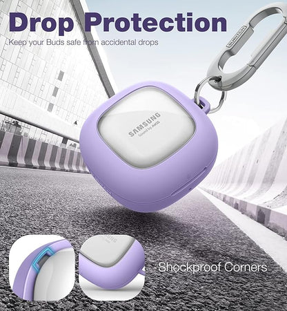 SURITCH for Samsung Galaxy Buds 2 Pro Case(2022)/Galaxy Buds 2 Case(2021)/Galaxy Buds Live Case(2020)/Galaxy Buds Pro Case(2021) Hard Clear PC Shockproof TPU Purple Cover with Silver Carabiner