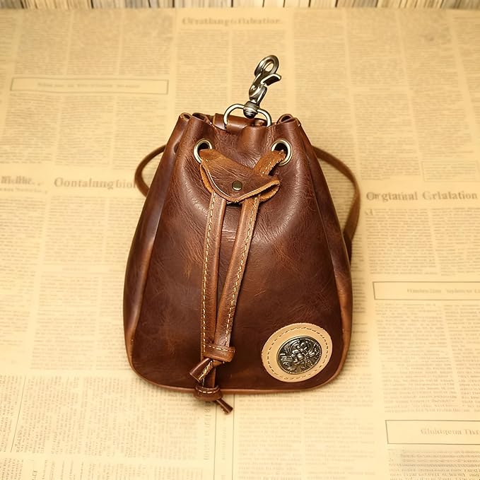 Retro Drawstring Genuine Leather Waist Bag for Men Motorcycle Sports Pack with Phone Pocket Adjustable Belt Gifts for Men (Oil Brown)