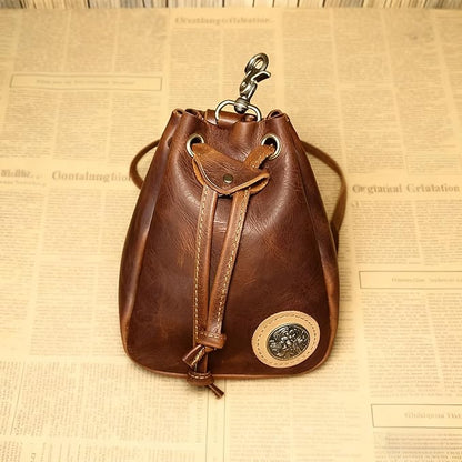 Retro Drawstring Genuine Leather Waist Bag for Men Motorcycle Sports Pack with Phone Pocket Adjustable Belt Gifts for Men (Oil Brown)